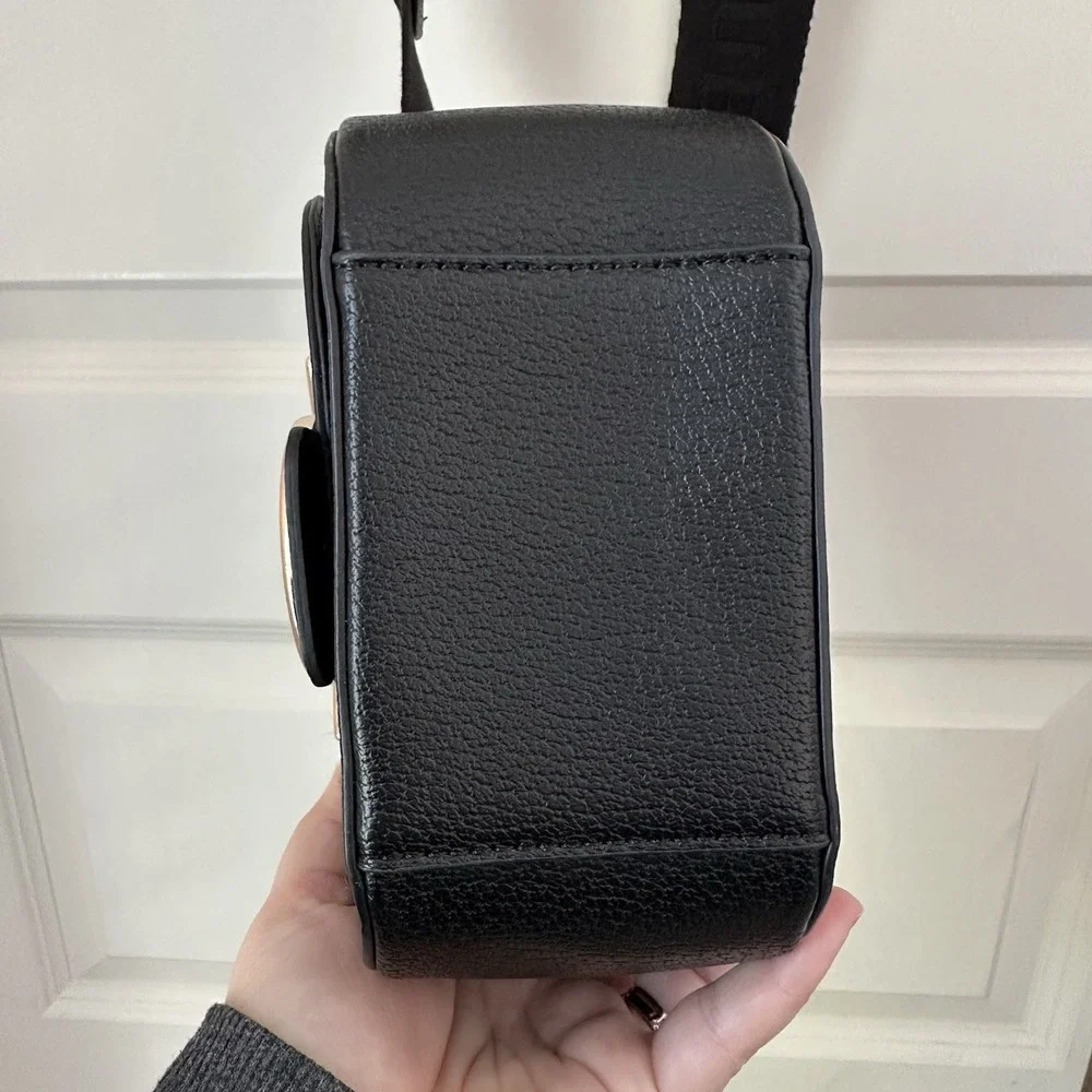 TRUE RELIGION Mini Flap Logo Crossbody Bag Black Gold Horseshoe Adjustable Strap